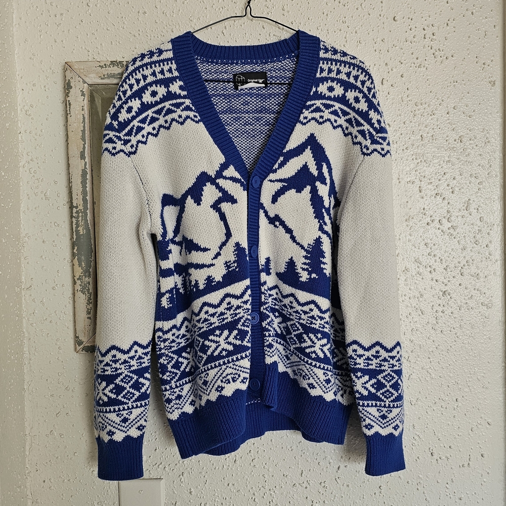 Original Use Blue & White Long Sleeve Mountain Cardigan Mens Sz Small CabinCore
